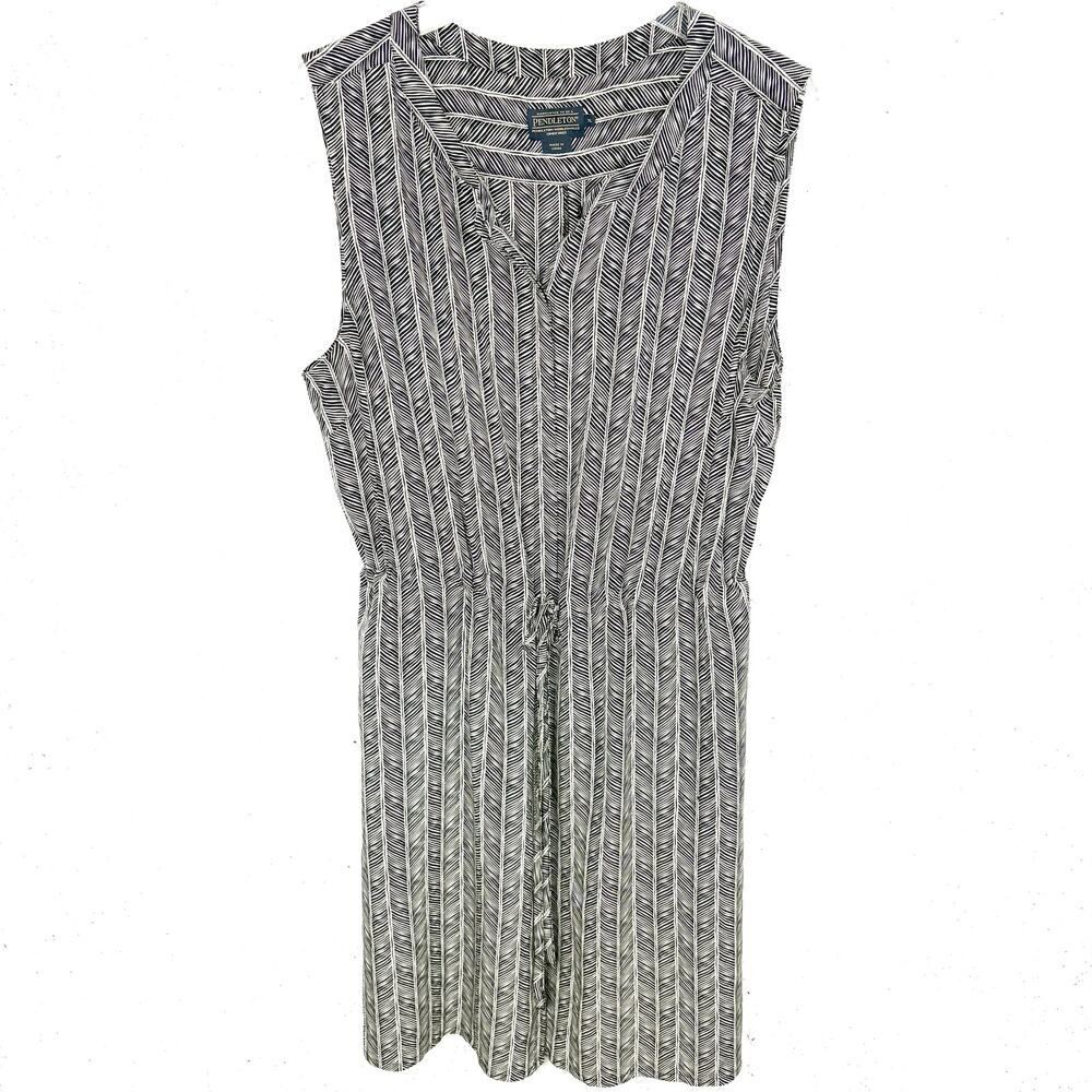 Pendleton Women Silk Shirtdress Sleeveless Black White Drawstring Waist Size XL